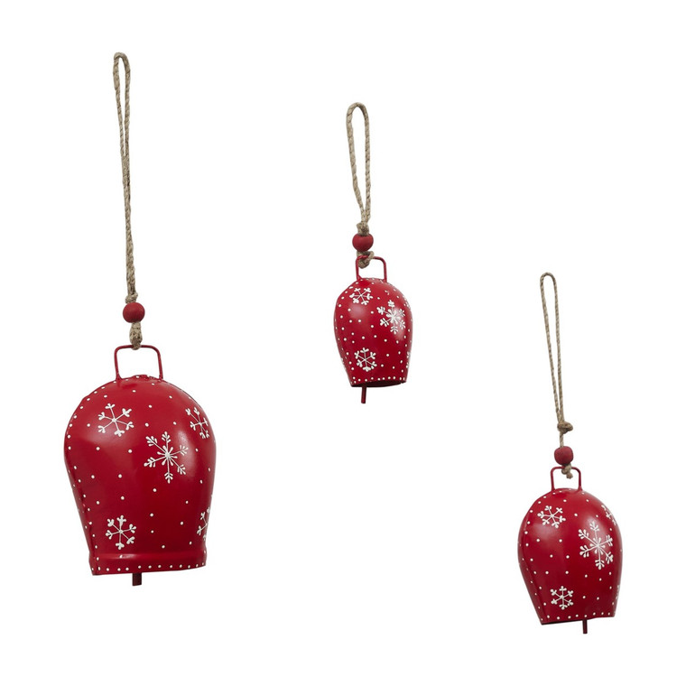 Falling Snowflake Red Bells - Metal Set of 3