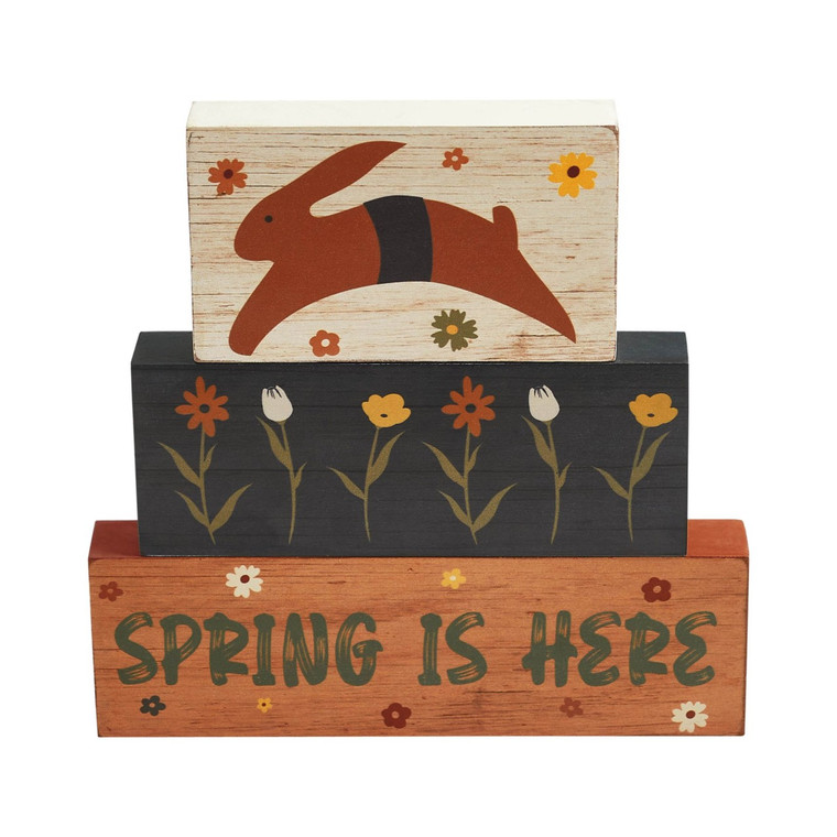 Spring In Bloom Spring Is Here Bunny Leap With Flowers Block Sign - Set of 3