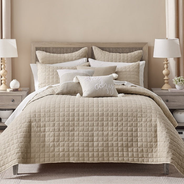 Cloud Waffle Flax Beige Quilt Set - With Shams