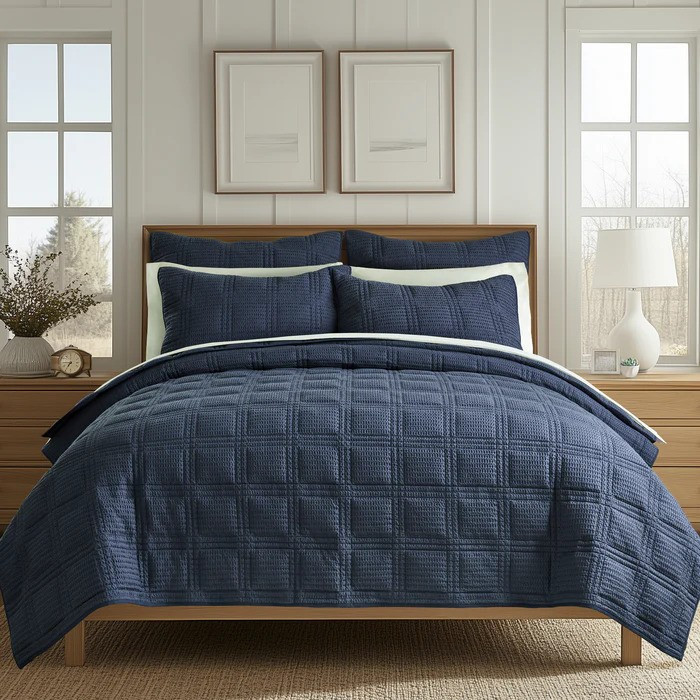 Cloud Waffle Navy Quilt Set - With Shams