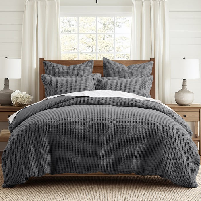 Mills Waffle Charcoal Duvet Set - With Shams