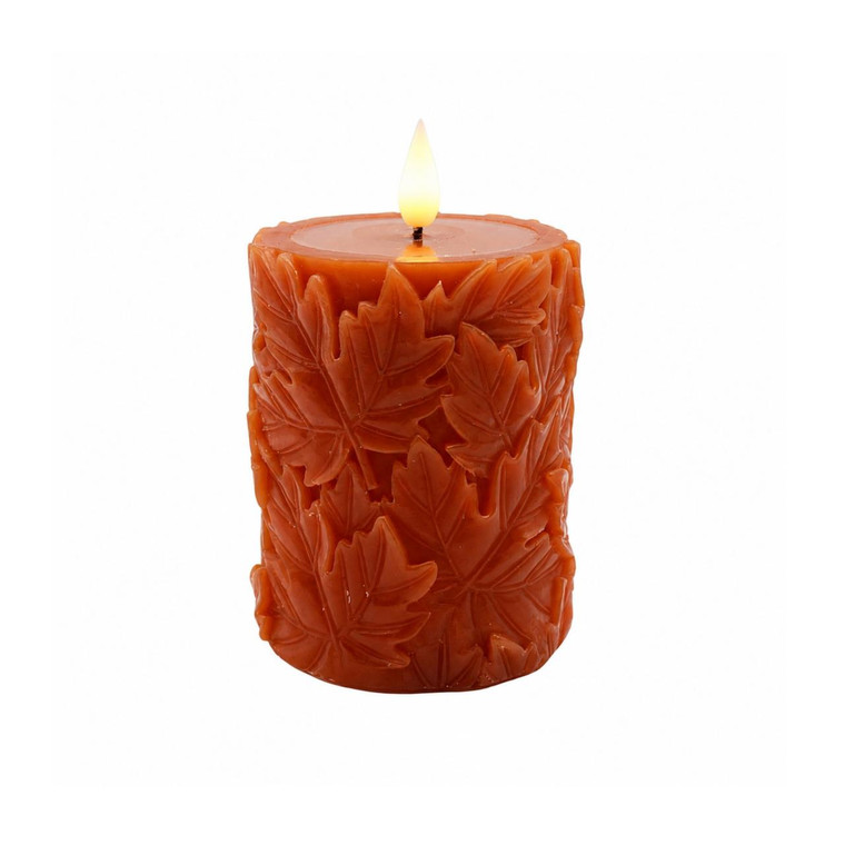 Orange Leaves Timer Candle - LED Pillar 3x4