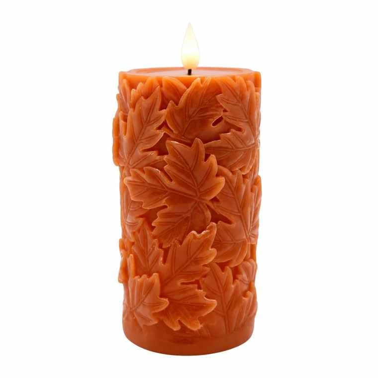 Orange Leaves Timer Candle - LED Pillar 3x6
