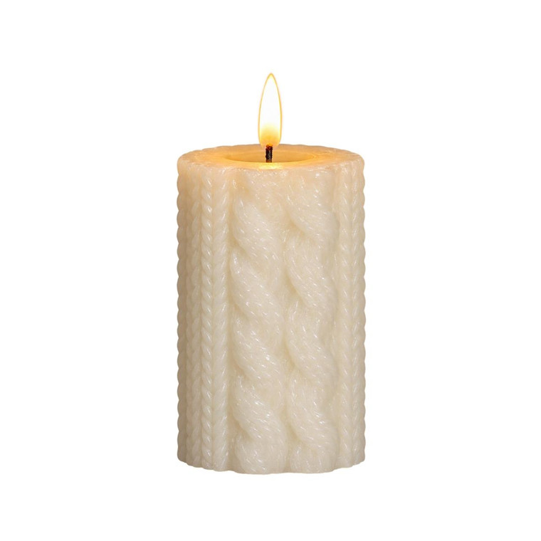 Cream Sweater Timer Candle -  4" Pillar 3D Flame