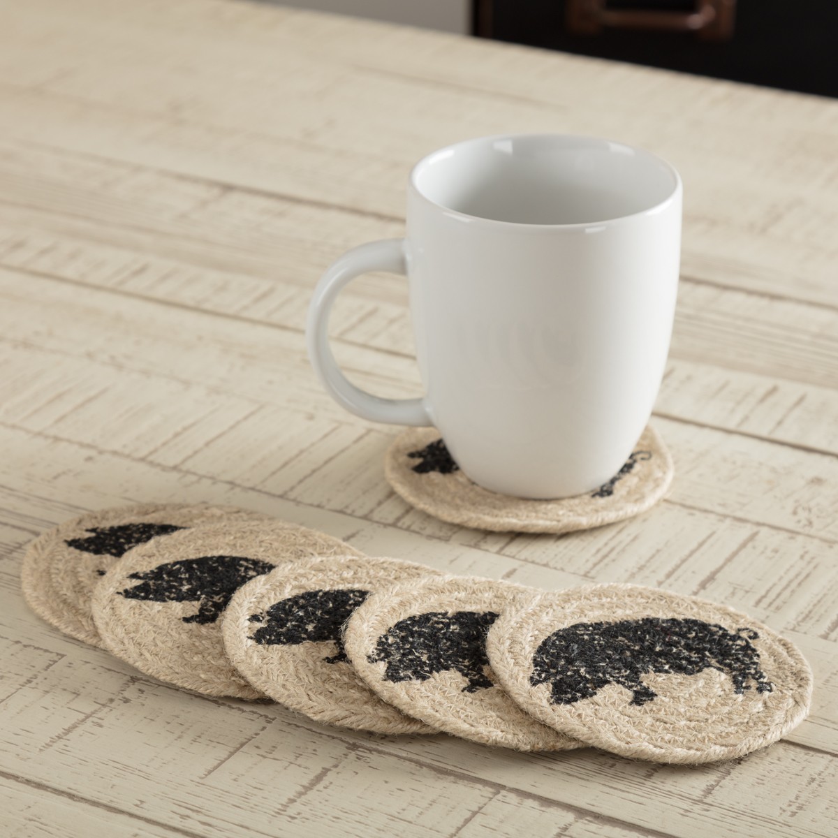 Sawyer Mill Charcoal Jute Coasters - Pig Set of 6 - Thumbnail 3