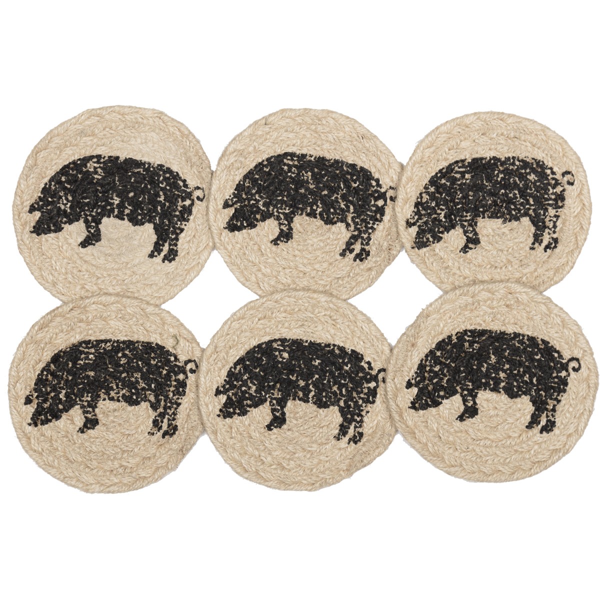 Sawyer Mill Charcoal Jute Coasters - Pig Set of 6