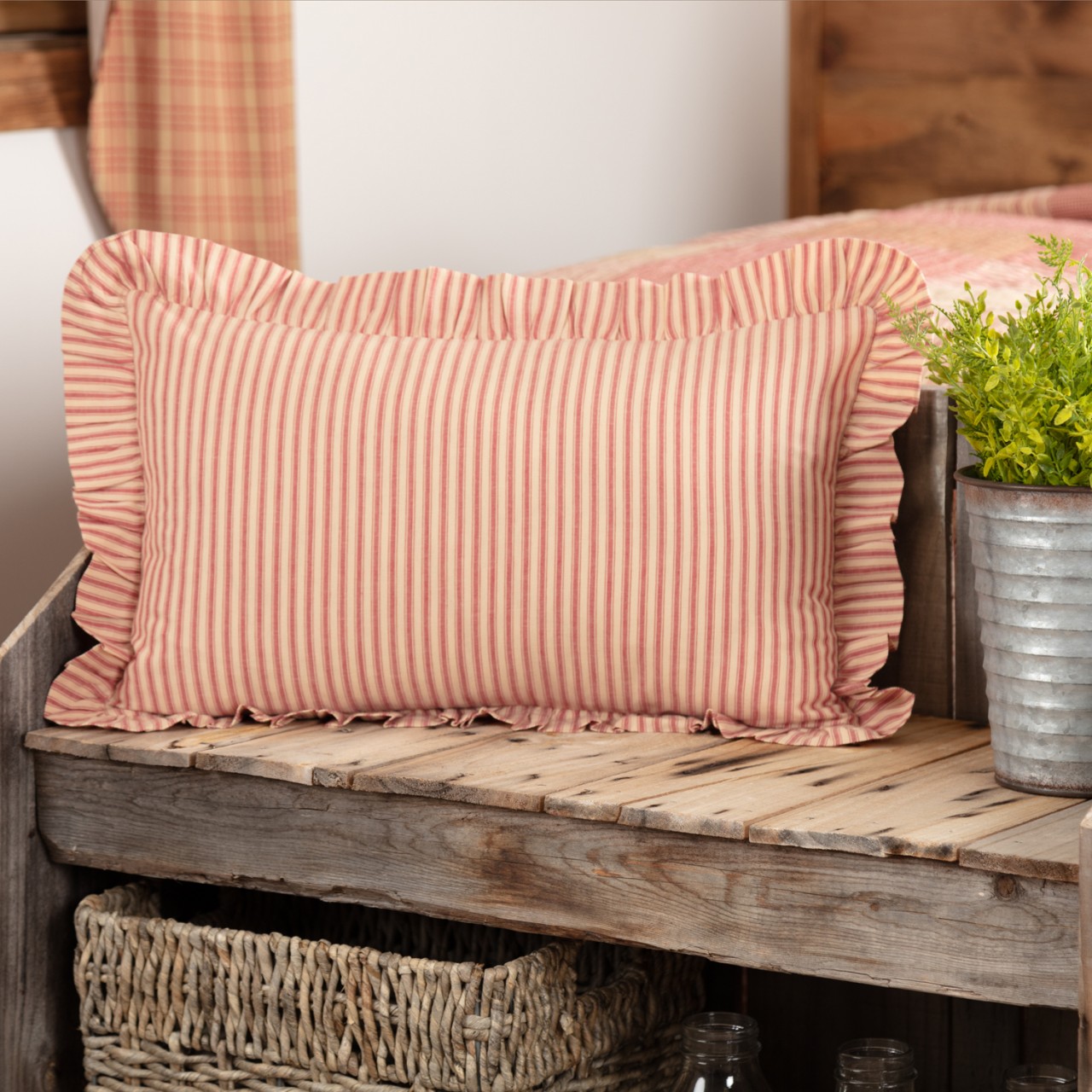 Sawyer Mill Red Ticking Stripe Pillow 14x22 Fabric Country1
