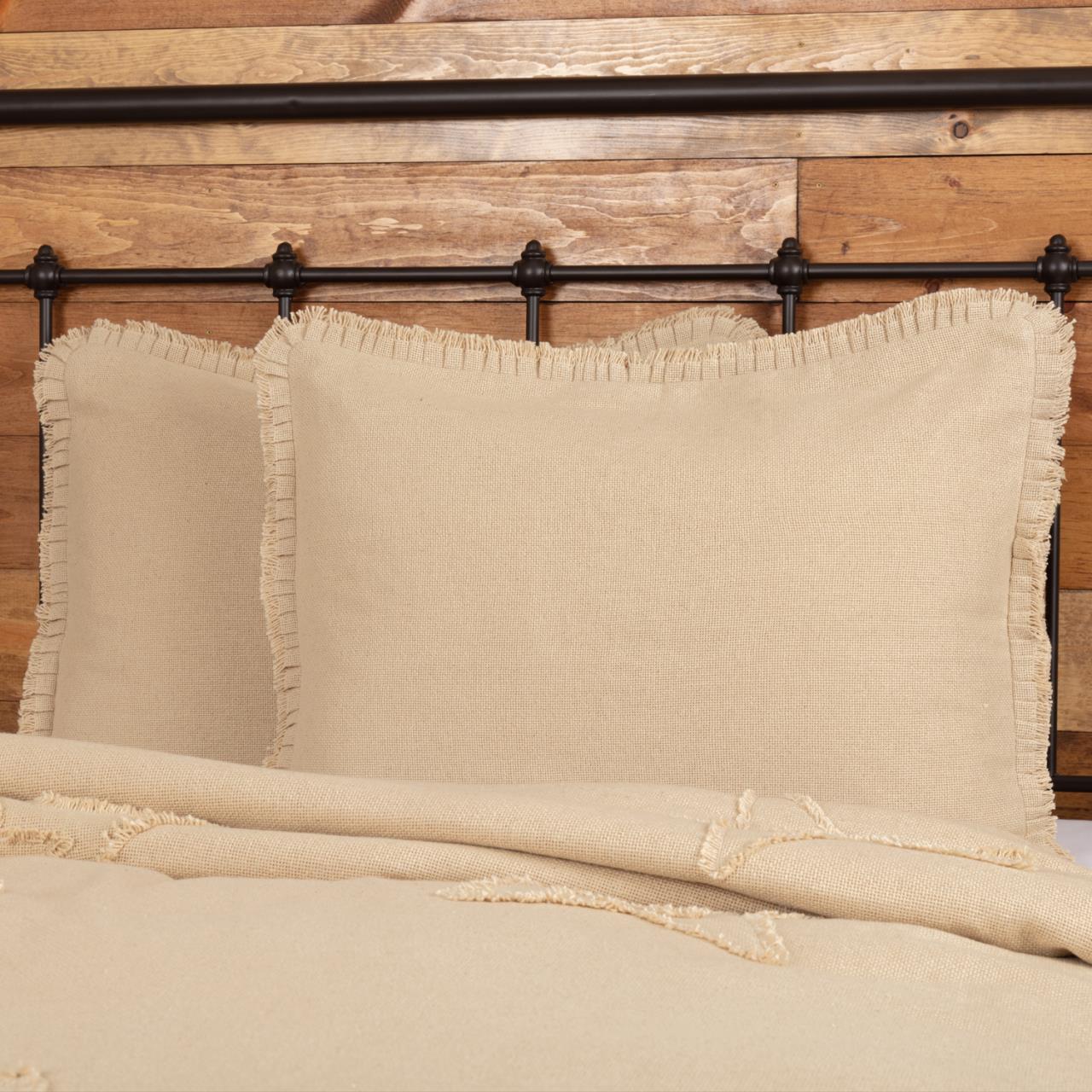 Burlap Vintage Fringed Ruffle Pillow Sham - Thumbnail 2