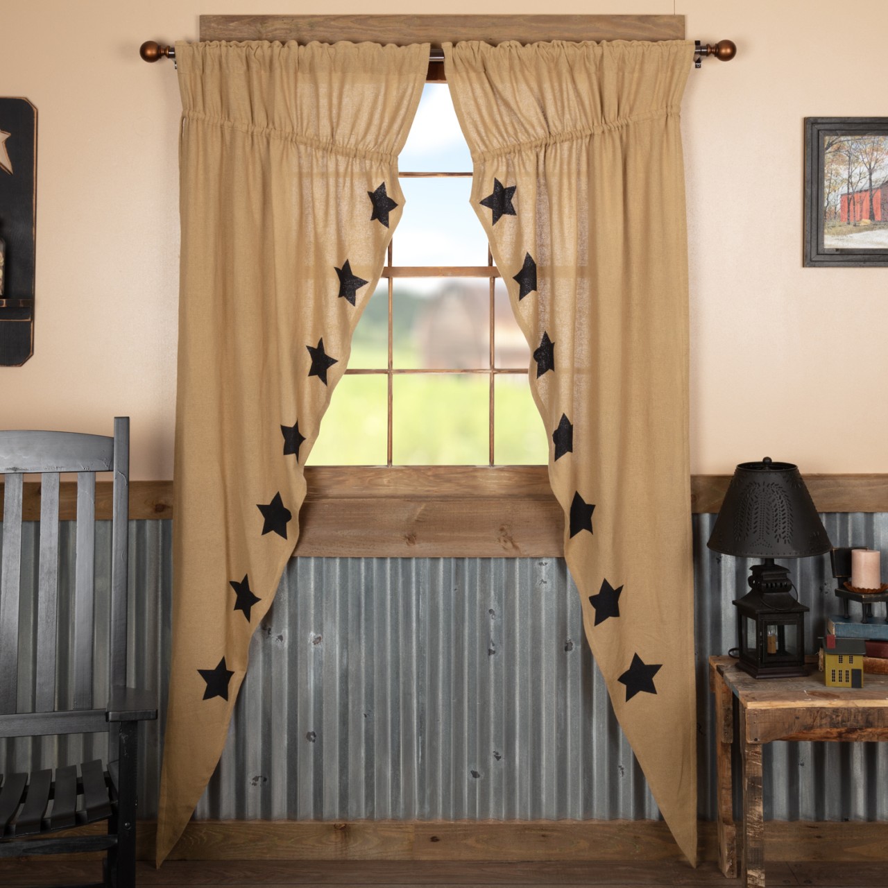 Burlap Natural Black Stars Prairie Gathered Curtains - Thumbnail 3