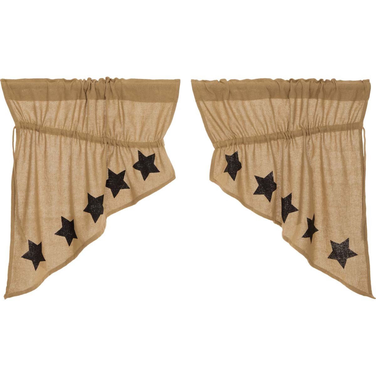 Burlap Natural Black Stars Prairie Gathered Curtains