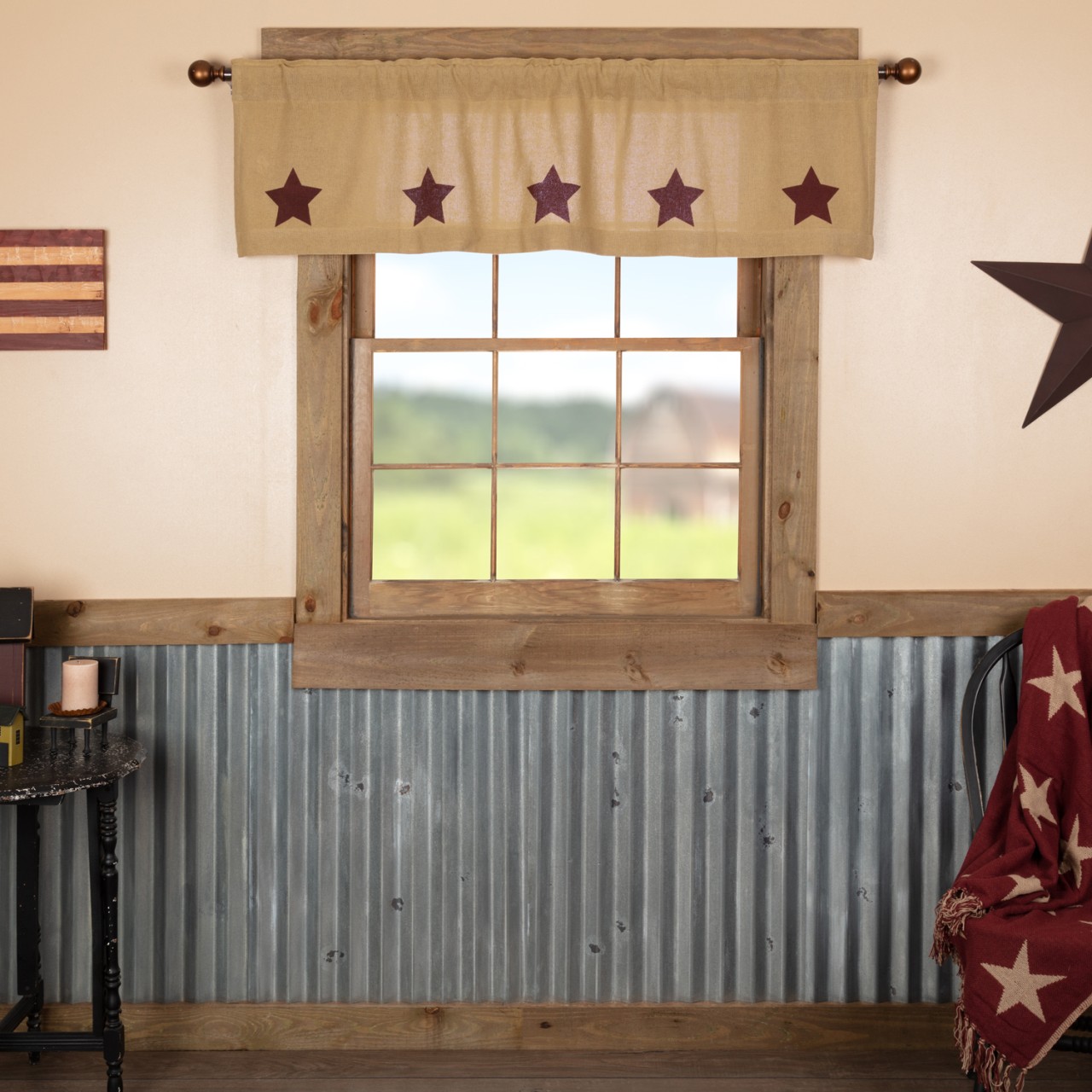 Burlap Natural Burgundy Stars Valance - 60x16 - Thumbnail 2