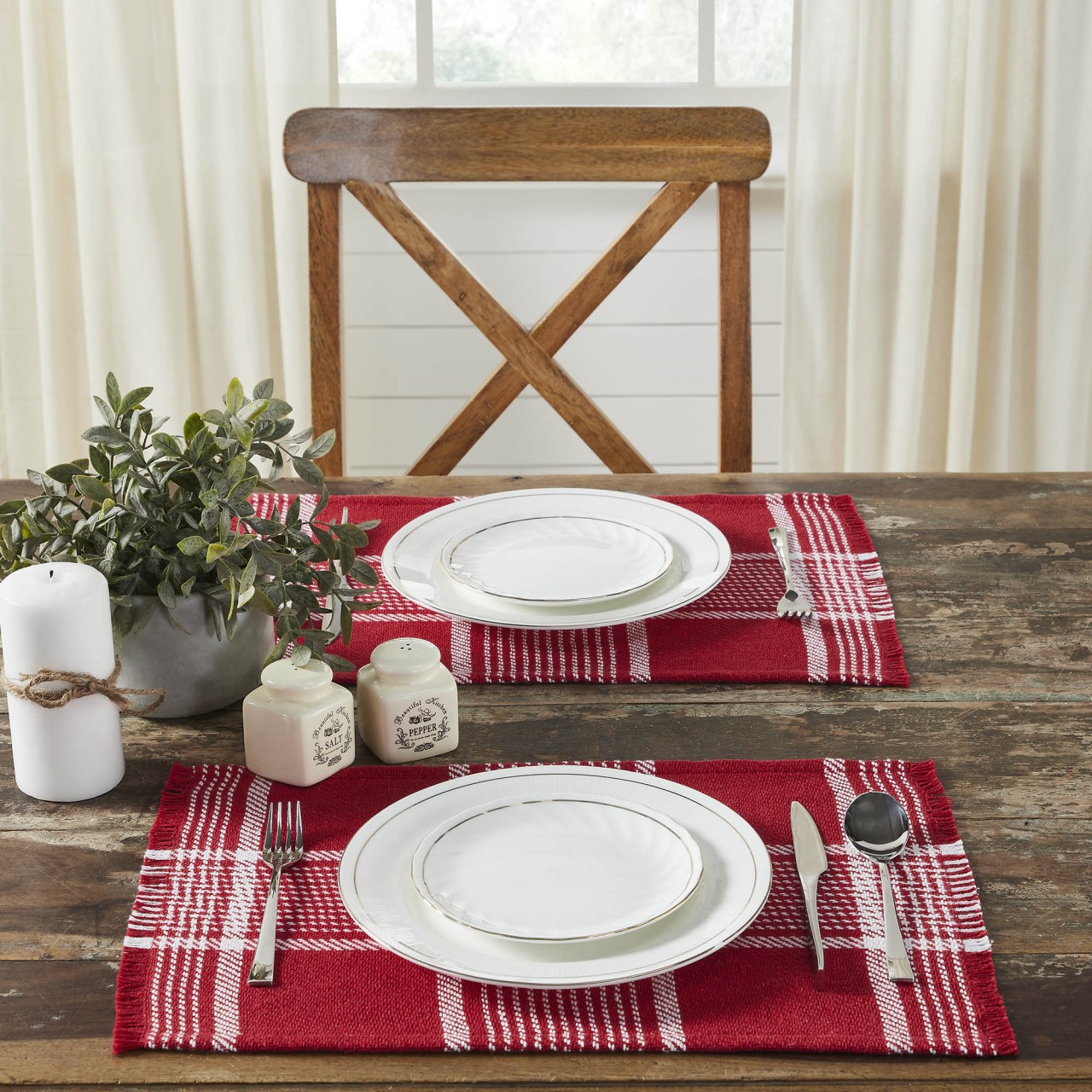Eston Red & White Plaid Fringed Placemats - Set of 2 - Country