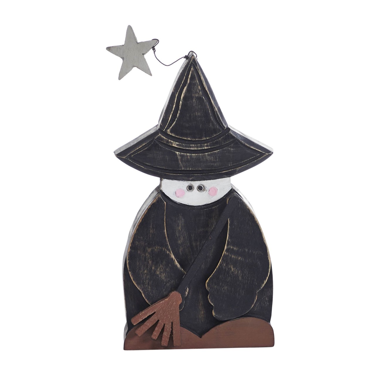 Witch With Broom Wooden Figurine - Country Village Shoppe