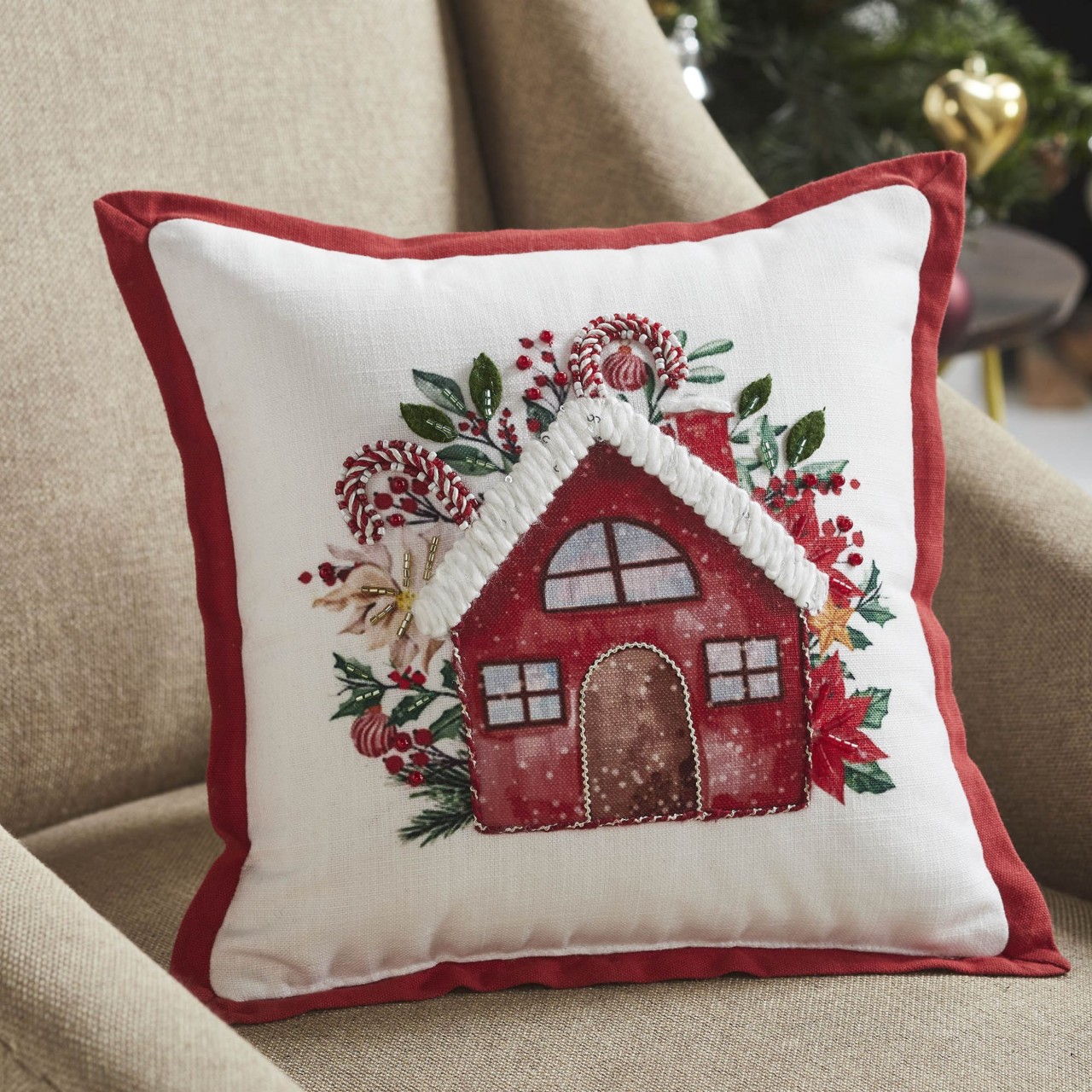 Candy Cane Cottage Pillow 12x12 Country Village Shoppe