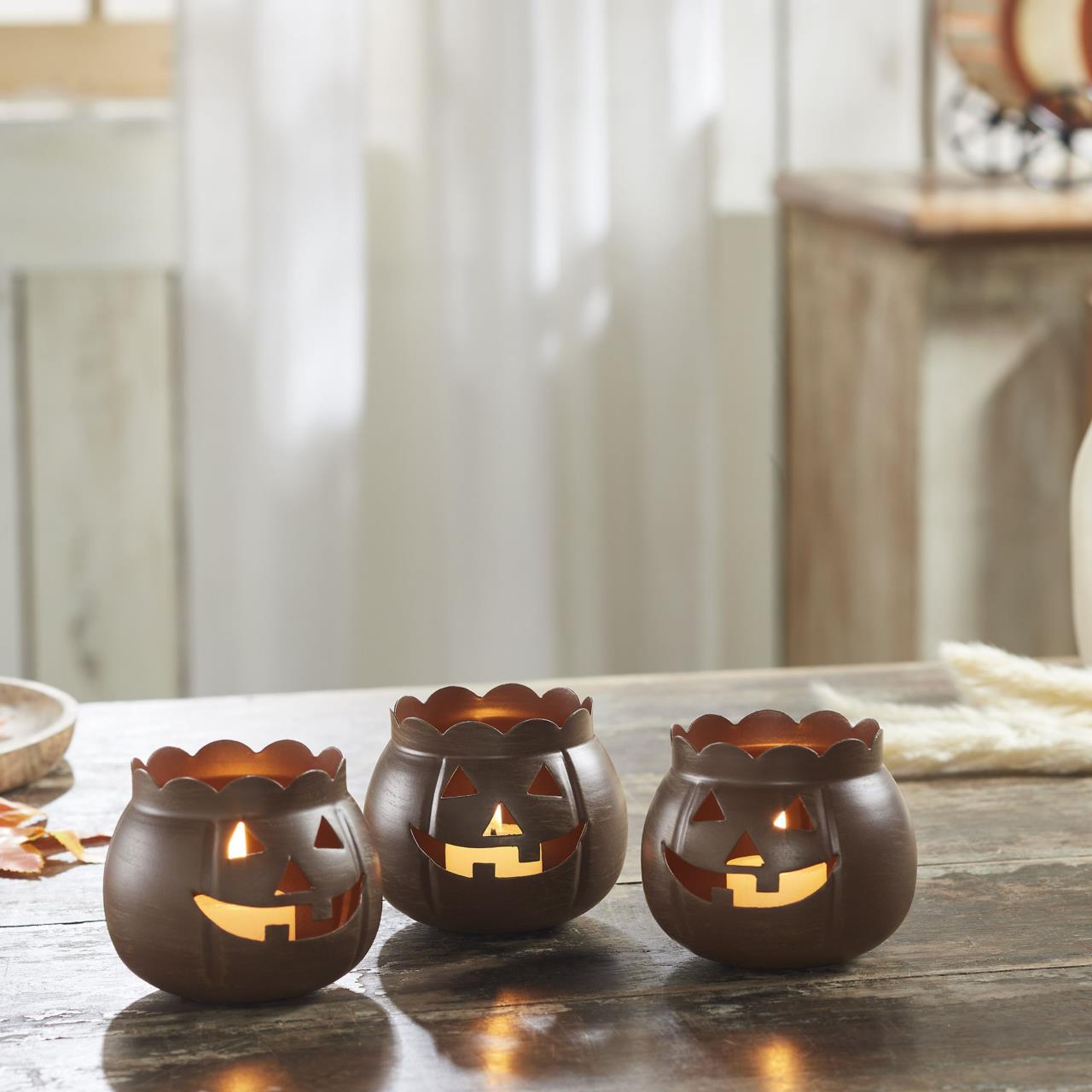 Jack O Lantern Candle Holders - Bronze Set of 3 - Country Village