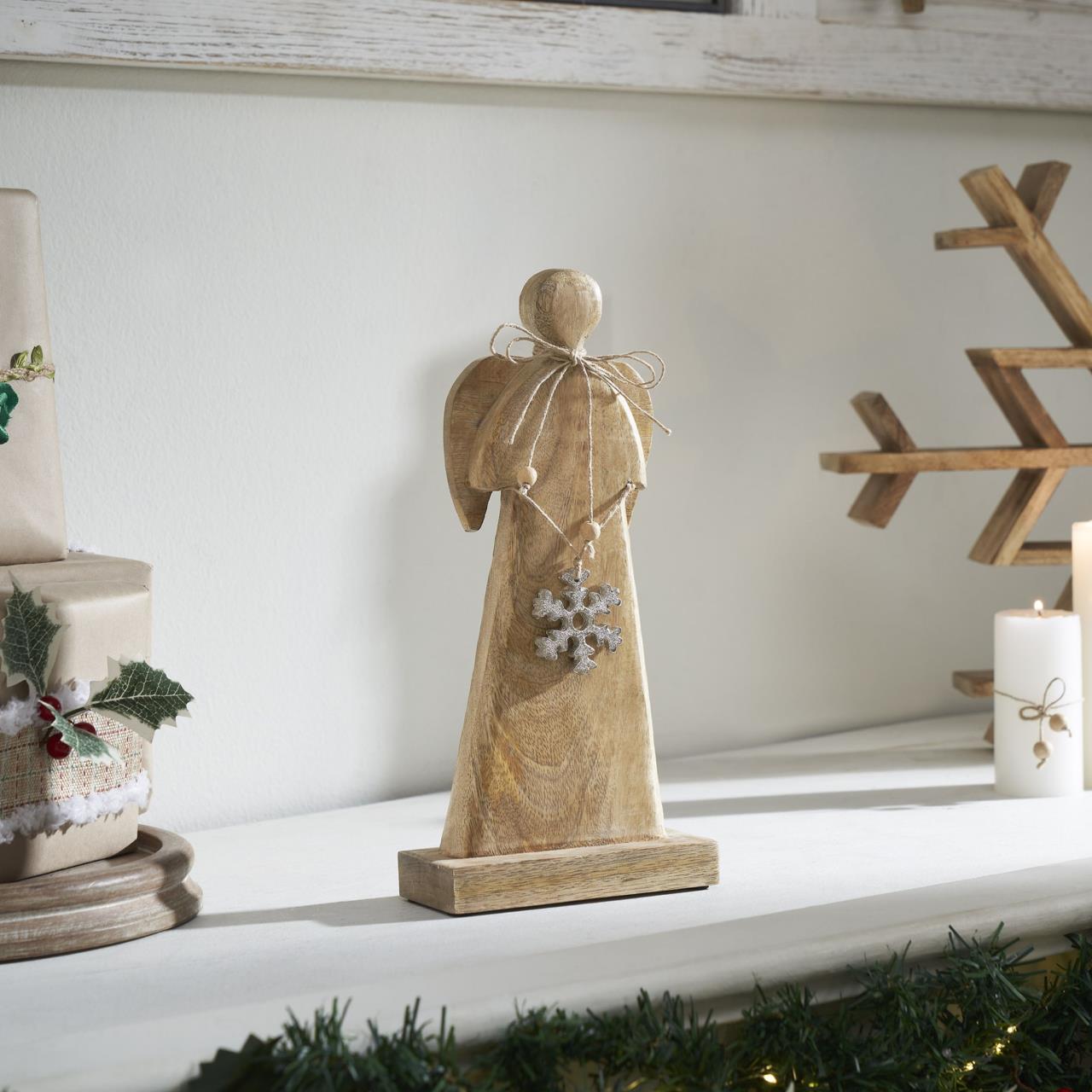 Natural Wooden Angel With Metal Snowflake - 5.75x12 - Country