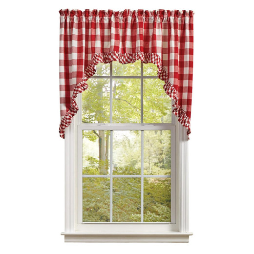 Wicklow Check Red & Cream Swags - Ruffled 72x36 - Country Village Shoppe