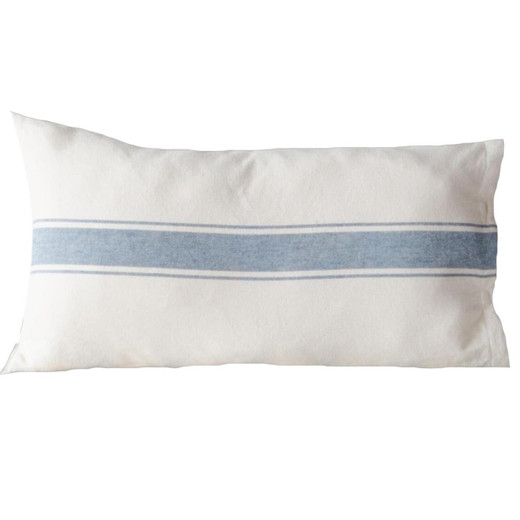 Farmhouse blue striped grain sack decorative lumbar accent pillow