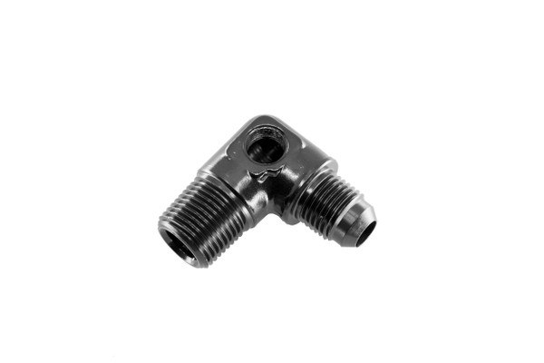 -08 AN male to 3/8" NPT male adapter with 1/8" NPT port, 90 Degree