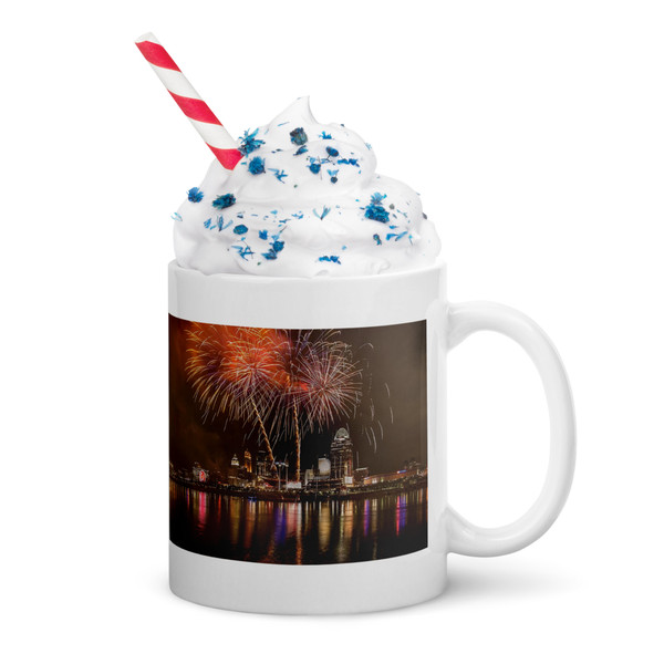 Fireworks Above Great American Ball Park - White glossy mug