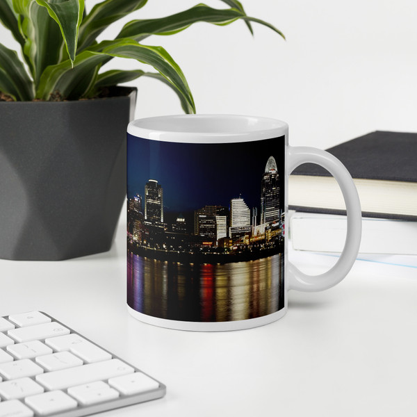 Panoramic Night Shot of Cincinnati - White glossy mug