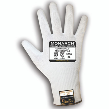 3750XL MONARCH-PU/13-GAUGE  WHITE TAEKI5® SHELL  WHITE POLYURETHANE PALM COATING  ANSI CUT LEVEL 3 Cordova Safety Products