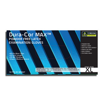 4035M DURA-COR MAX 15-MIL  HI-VIS BLUE LATEX  EXAM GRADE  POWDER FREE  12-INCH  TEXTURED  50PCS/DISPENSER Cordova Safety Products