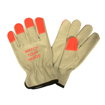 8213WYHXL BEIGE GRAIN COWHIDE DRIVER  UNLINED  SHIRRED ELASTIC BACK  ORANGE SEWN FINGER TIPS  WATCH YOUR HANDS LOGO  KEYSTONE THUMB Cordova Safety Products