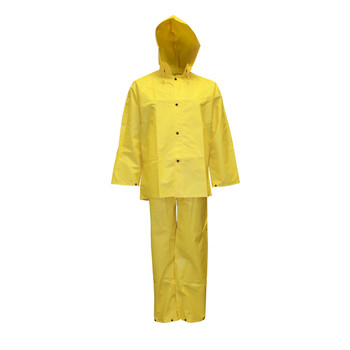 R8023FRM DEFIANCE FR .28 MM PVC/NYLON/PVC  YELLOW 3-PIECE RAIN SUIT  LIMITED FLAME RESISTANT  STORM FLY FRONT WITH ZIPPER/SNAP BUTTONS  BIB PANTS WITH SUSPENDERS  DETACHABLE HOOD Cordova Safety Products