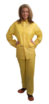 RS103YL VALUE-LINE .10 MM PVC  YELLOW 3-PIECE RAIN SUIT  OPEN FRONT WITH SNAP BUTTONS  ELASTIC WAIST PANTS  DETACHABLE HOOD Cordova Safety Products