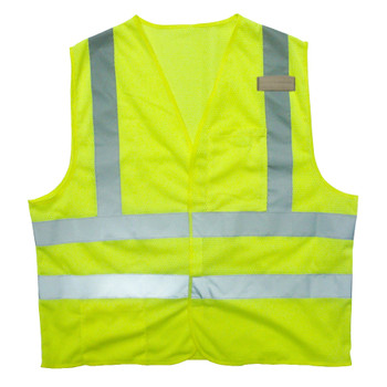 V231PFRL CLASS II  LIMITED FR LIME MESH VEST  HOOK & LOOP CLOSURE  2-INCH SILVER REFLECTIVE TAPE  ONE INSIDE LOWER POCKET & ONE OUTSIDE CHEST POCKET  OUTSIDE 3-DIVISION PEN POCKET  MIC TAB Cordova Safety Products