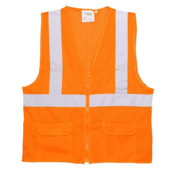 VS270PXL CLASS II  ORANGE MESH SURVEYORS VEST  ZIPPER CLOSURE  2-INCH SILVER REFLECTIVE STRIPES  CHEST POCKET  TWO OUTSIDE LOWER AND TWO INSIDE LOWER POCKETS Cordova Safety Products