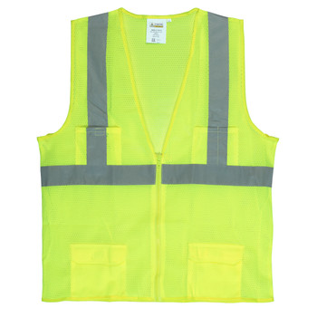 VS271PM CLASS II  LIME MESH SURVEYORS VEST  ZIPPER CLOSURE  2-INCH SILVER REFLECTIVE STRIPES  CHEST POCKET  TWO OUTSIDE LOWER AND TWO INSIDE LOWER POCKETS Cordova Safety Products
