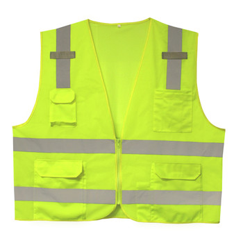 VS2815XL CLASS II  LIME SURVEYORS VEST  SOLID FRONT AND MESH BACK  2-INCH SILVER REFLECTIVE STRIPES  ZIPPER CLOSURE  MULTIPLE POCKETS FOR PAD/PEN  RADIO/PHONE  FLASHLIGHT  DUAL MIC TABS Cordova Safety Products