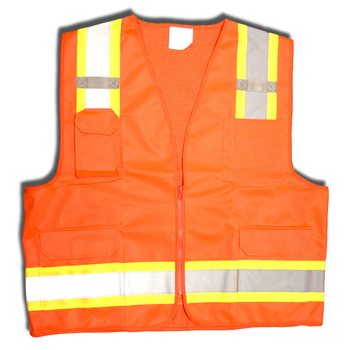 VS285-XL CLASS II  ORANGE SURVEYORS VEST  SOLID FRONT AND MESH BACK  TWO-TONE CONTRASTING TRIM/REFLECTIVE STRIPES  ZIPPER CLOSURE  MULTIPLE POCKETS FOR PAD/PEN  RADIO/PHONE  FLASHLIGHT  DUAL MIC TABS Cordova Safety Products