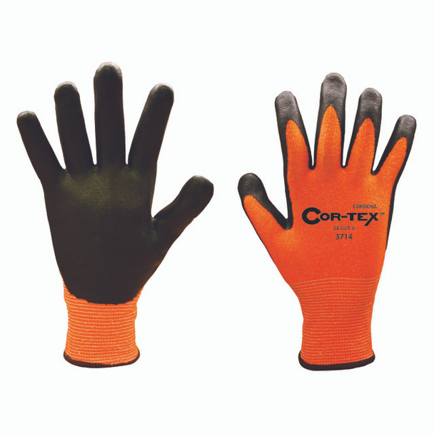 3714S COR-TEX HI-VIS ORANGE 13-GAUGE HPPE PLAITED SHELL  BLACK SANDY NITRILE PALM COATING  ANSI CUT LEVEL 2 Cordova Safety Products