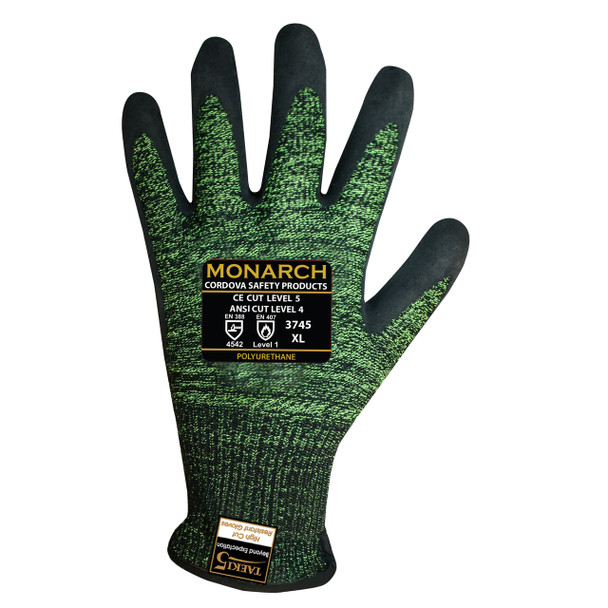 3745XXL MONARCH-SOFT 13-GAUGE  GREEN/BLACK SPUN TAEKI5® SHELL  POLYURETHANE PALM COATING  ANSI CUT LEVEL 4 Cordova Safety Products