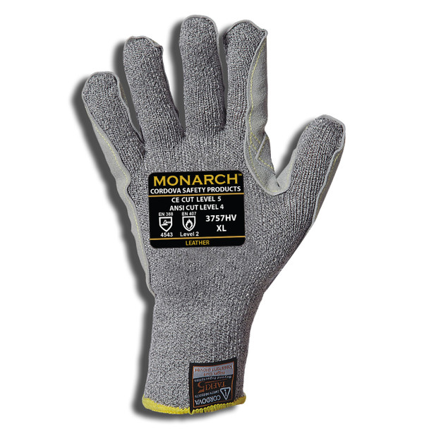3757XS MONARCH-LEATHER/10-GAUGE  GRAY TAEKI5® SHELL  LEATHER PALM  REINFORCED THUMB CROTCH  ANSI CUT LEVEL 4  Cordova Safety Products