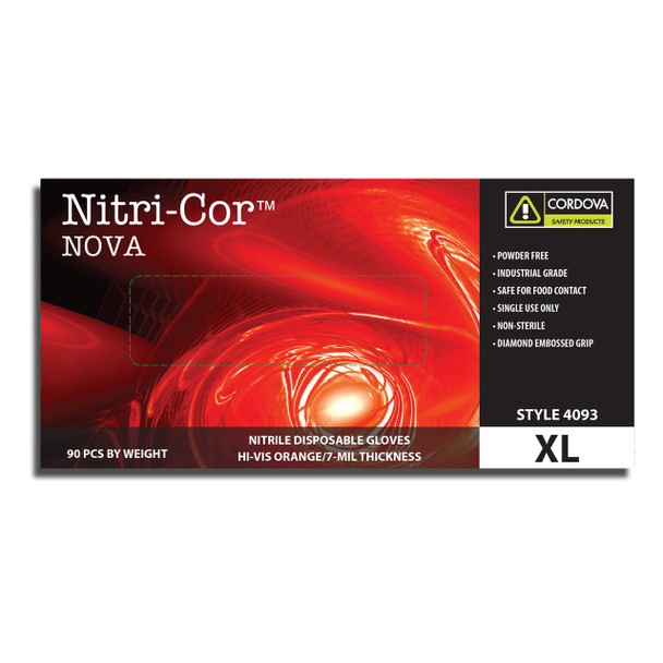 4093L NITRI-COR NOVA HI-VIS ORANGE NITRILE  INDUSTRIAL GRADE  POWDER FREE  DIAMOND EMBOSSED  7-MIL Cordova Safety Products