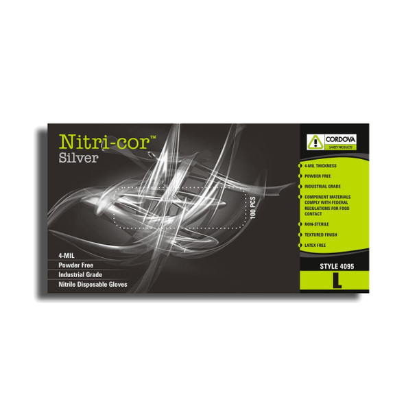 4095S NITRI-COR SILVER NITRILE  INDUSTRIAL GRADE  POWDER FREE  TEXTURED  4-MIL Cordova Safety Products