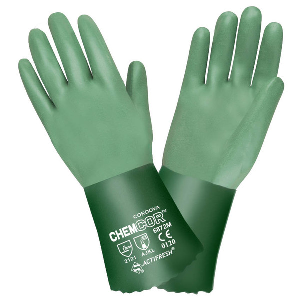 6874XL CHEM-COR GREEN DOUBLE DIPPED NEOPRENE  SANDPAPER GRIP  INTERLOCK LINED  14-INCH Cordova Safety Products