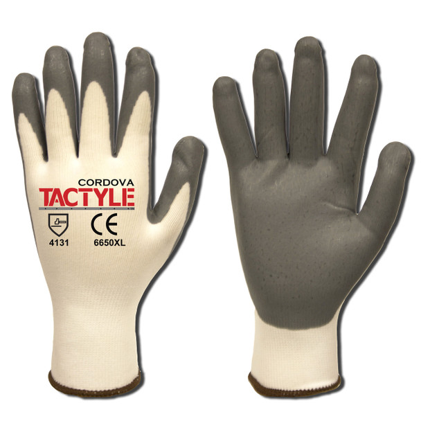 6650M TACTYLE/13-GAUGE  WHITE NYLON SHELL  GRAY FOAM NITRILE PALM COATING Cordova Safety Products