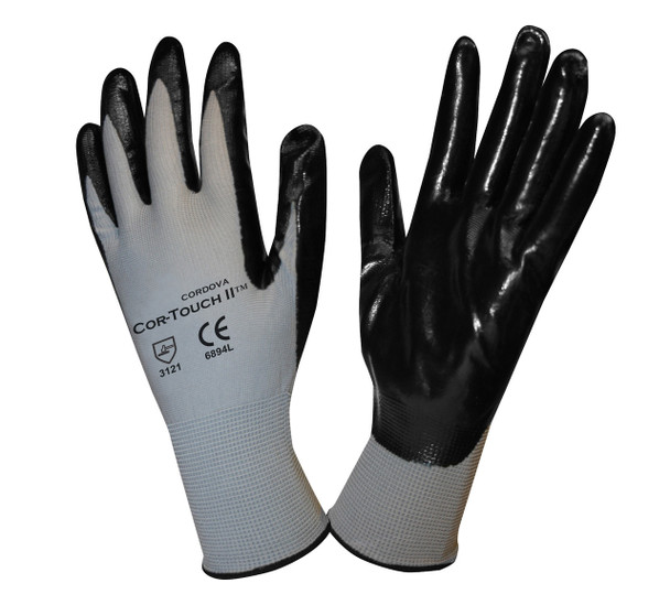 6894M COR-TOUCH II 13-GAUGE  GRAY POLYESTER SHELL  BLACK FLAT NITRILE PALM COATING  Cordova Safety Products