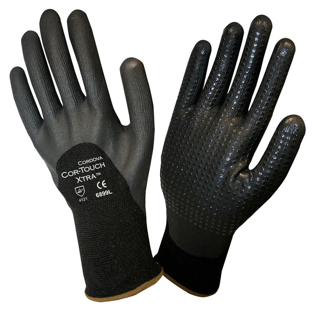 6899XS COR-TOUCH XTRA 13-GAUGE  BLACK NYLON/SPANDEX SHELL  3/4 BLACK FOAM NITRILE/PU COATING  BLACK NITRILE DOTS Cordova Safety Products