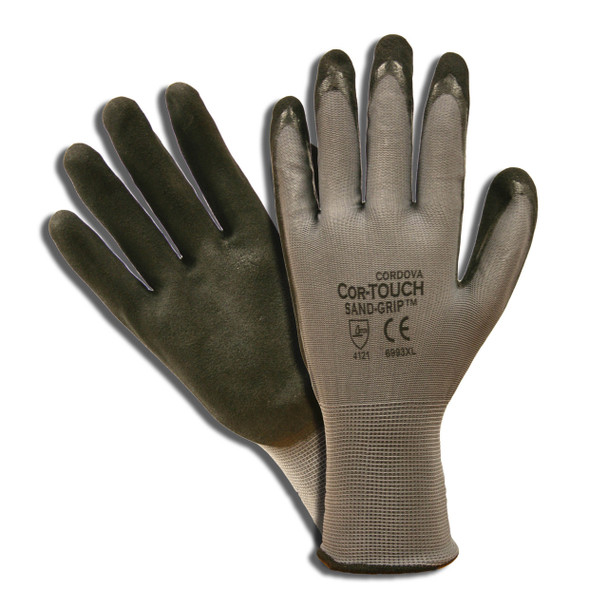 6993XS COR-TOUCH SAND-GRIP 13-GAUGE  GRAY POLYESTER SHELL  BLACK SANDY NITRILE PALM COATING Cordova Safety Products