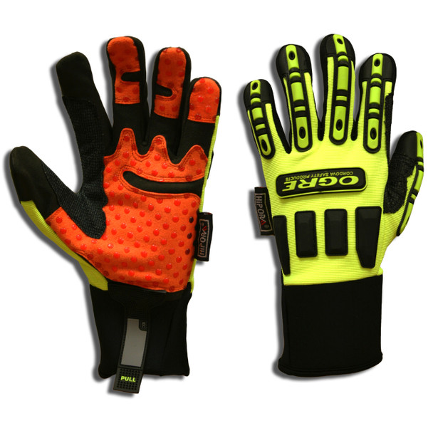 7710M OGRE  LIME GREEN SPANDEX BACK  ORANGE SYNTHETIC LEATHER PALM  TPR PROTECTORS  SILICONE GRIP  HIPORA® LINING  NEOPRENE CUFF Cordova Safety Products