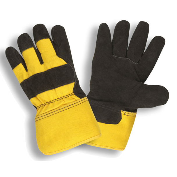 7410L BLACK SPLIT LEATHER PALM  YELLOW CANVAS BACK  RUBBERIZED SAFETY CUFF  PILE LINED Cordova Safety Products