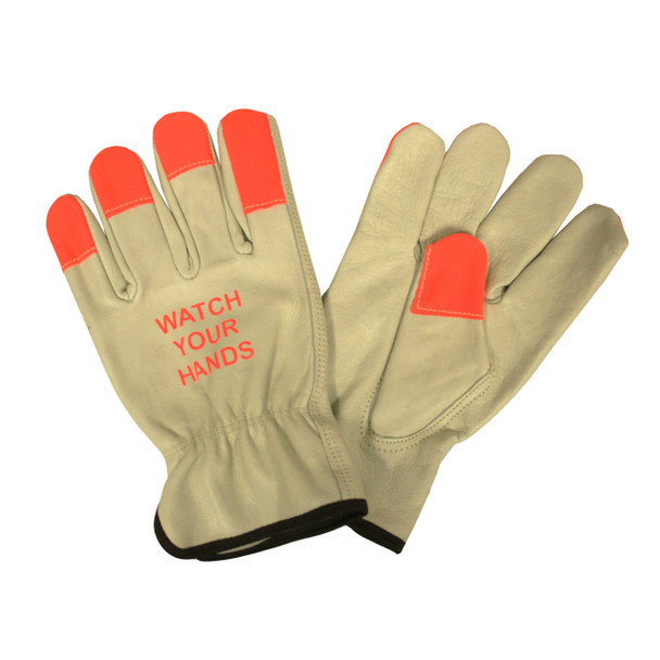 8213WYHL BEIGE GRAIN COWHIDE DRIVER  UNLINED  SHIRRED ELASTIC BACK  ORANGE SEWN FINGER TIPS  WATCH YOUR HANDS LOGO  KEYSTONE THUMB Cordova Safety Products