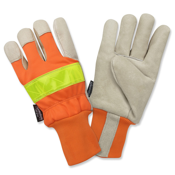 F8760L PREMIUM GRAIN PIGSKIN LEATHER PALM  THINSULATE® LINED  HI-VIS ORANGE BACK  LIME REFLECTIVE TAPE ON BACK  RUBBERIZED SAFETY CUFF Cordova Safety Products