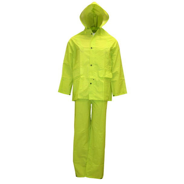 R9013HV2XL STORMFRONT HV .35 MM  PVC/POLYESTER  HI-VIS LIME 3-PIECE RAIN SUIT  ZIPPER/SNAP BUTTONS  VENTED BACK/UNDERARMS  BIB PANTS WITH SUSPENDERS  DETACHABLE HOOD Cordova Safety Products